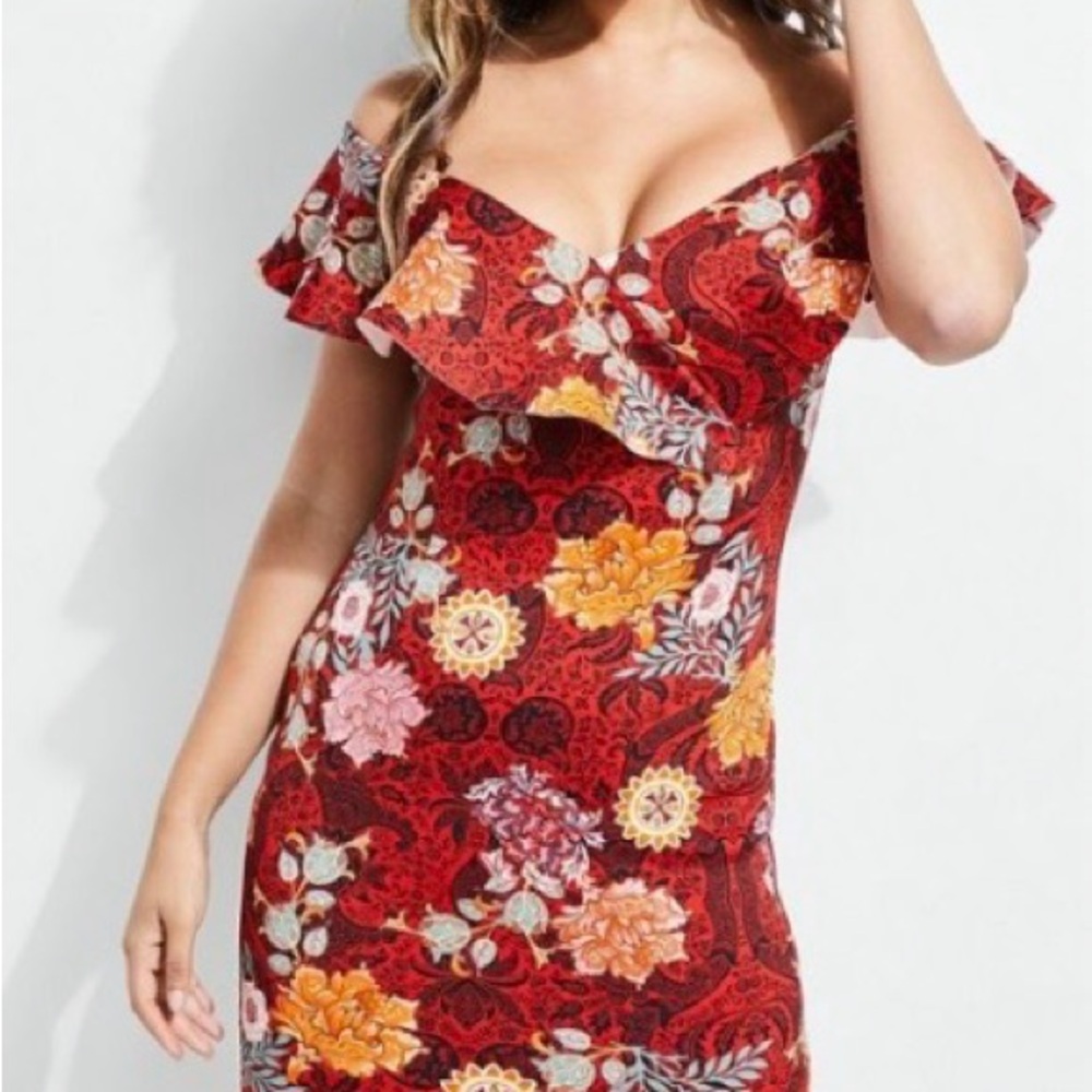 Guess Red Floral Ruffle Sheath Dress